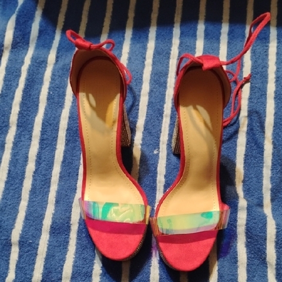 Elegant Red Strappy Heels with Glitter Block Heel - Picture 4 of 10